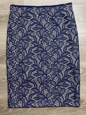Renee C. Y2K Blue Lace Overlay Pencil Skirt XS Petite Beige Stretch Waist